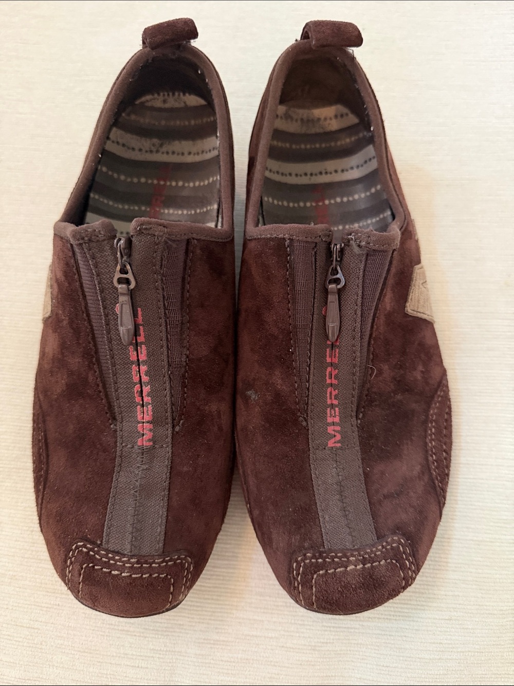 Merrell Brown Suede Zip-Front Slip-On Loafers